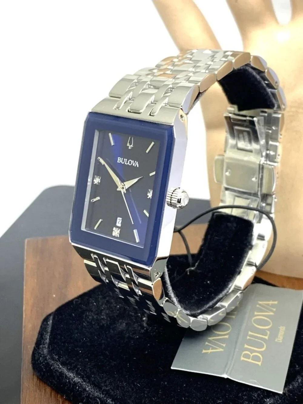 Bulova Men's Watch 96D139 Blue Dial Diamond Accent Rectangle Date Silver Steel